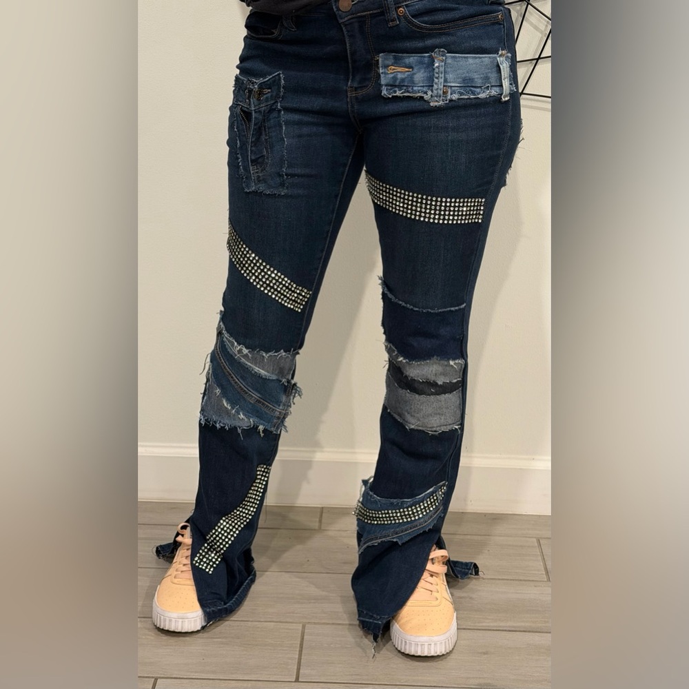 Stylish custom Women's Distressed Jeans with Rhinestone Accents